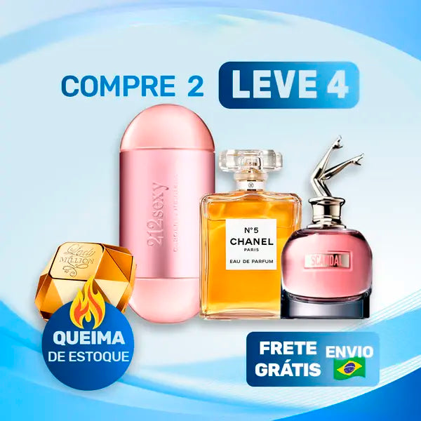 4 Perfumes Femininos (100ml) - Chanel 5 | Scandal | 212 VIP Sexy | Lady Milion